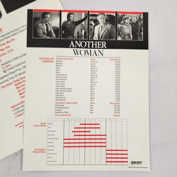 Another Woman (1988) 27x40 Poster Promo Pac w/Mia Farrow, Orion Home Video LN - Picture 15 of 16